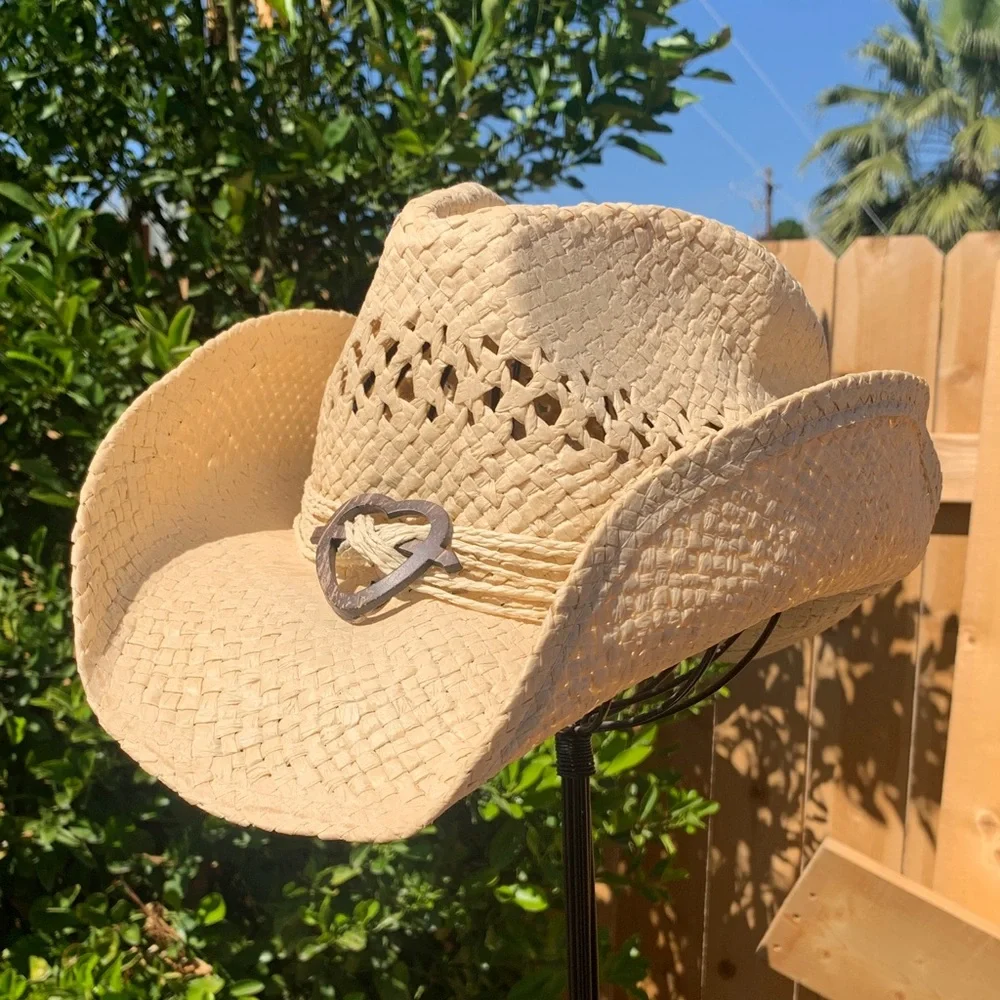 Natural Straw Cowgirl Hat with Rustic Heart Accent - Picture 4 of 13